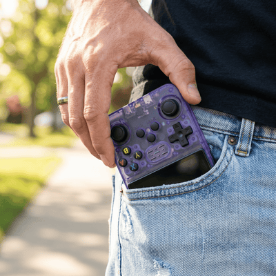 RetroVerse Pro 2.0 R36S retro handheld console fitting inside a pocket