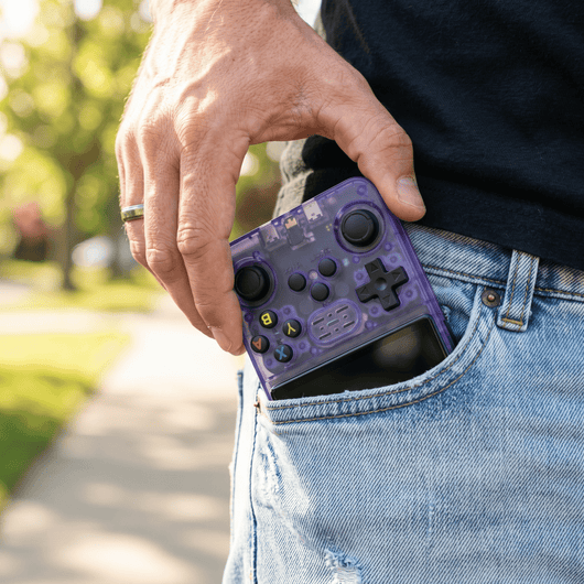 RetroVerse Pro 2.0 R36S retro handheld console fitting inside a pocket